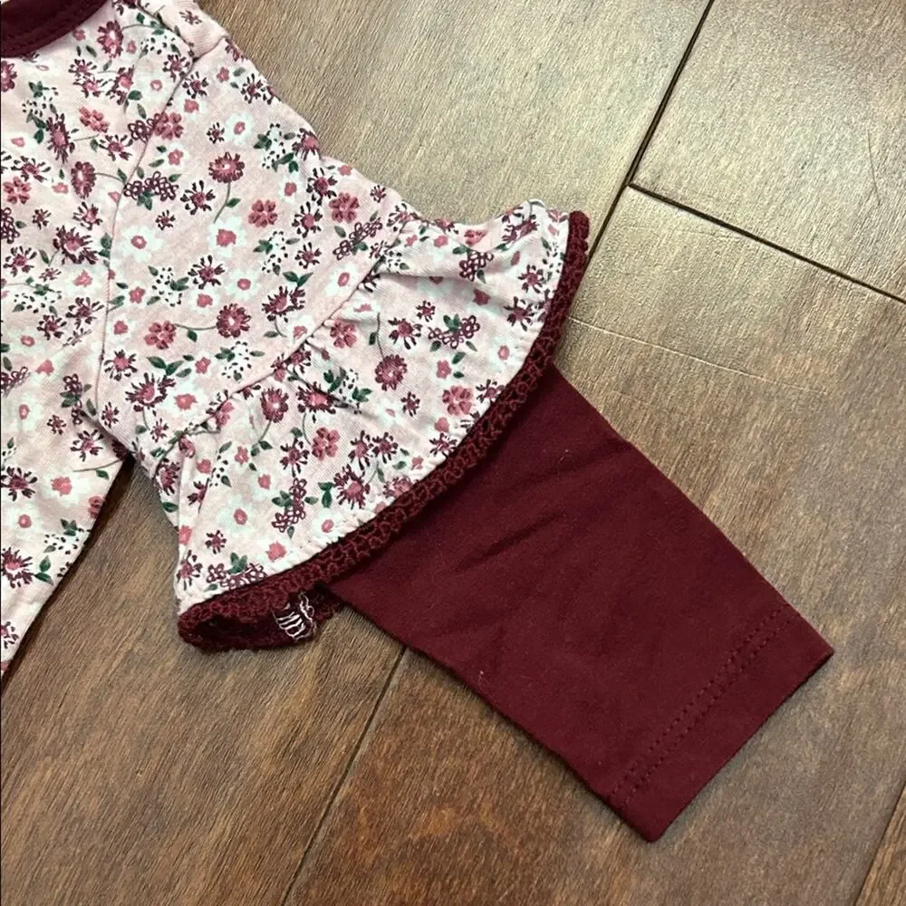 7 For All Mankind Floral Burgundy Kids Footie One Piece, Size 3-6 Months